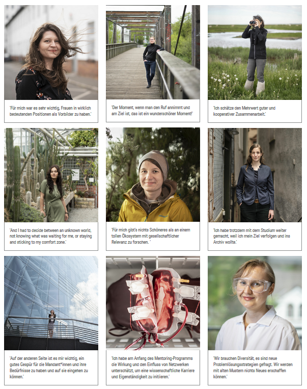 9 Bilder von Alumnae des Mentoringprojekts. Dazu jeweils ein Zitat dazu, was ihnen wichtig ist. (mehr Informationen auf der Mentothek Seite)
